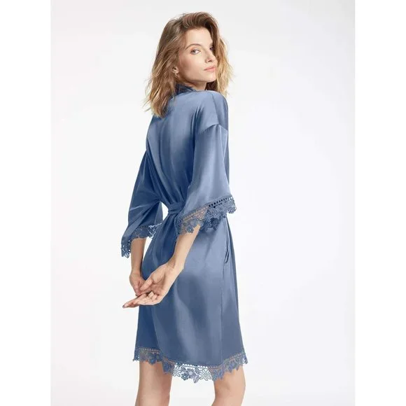 Women's Silk Robe Satin Robe with Lace Trim∣Bridal Party Robe Bride Robe - Picture 3 of 9